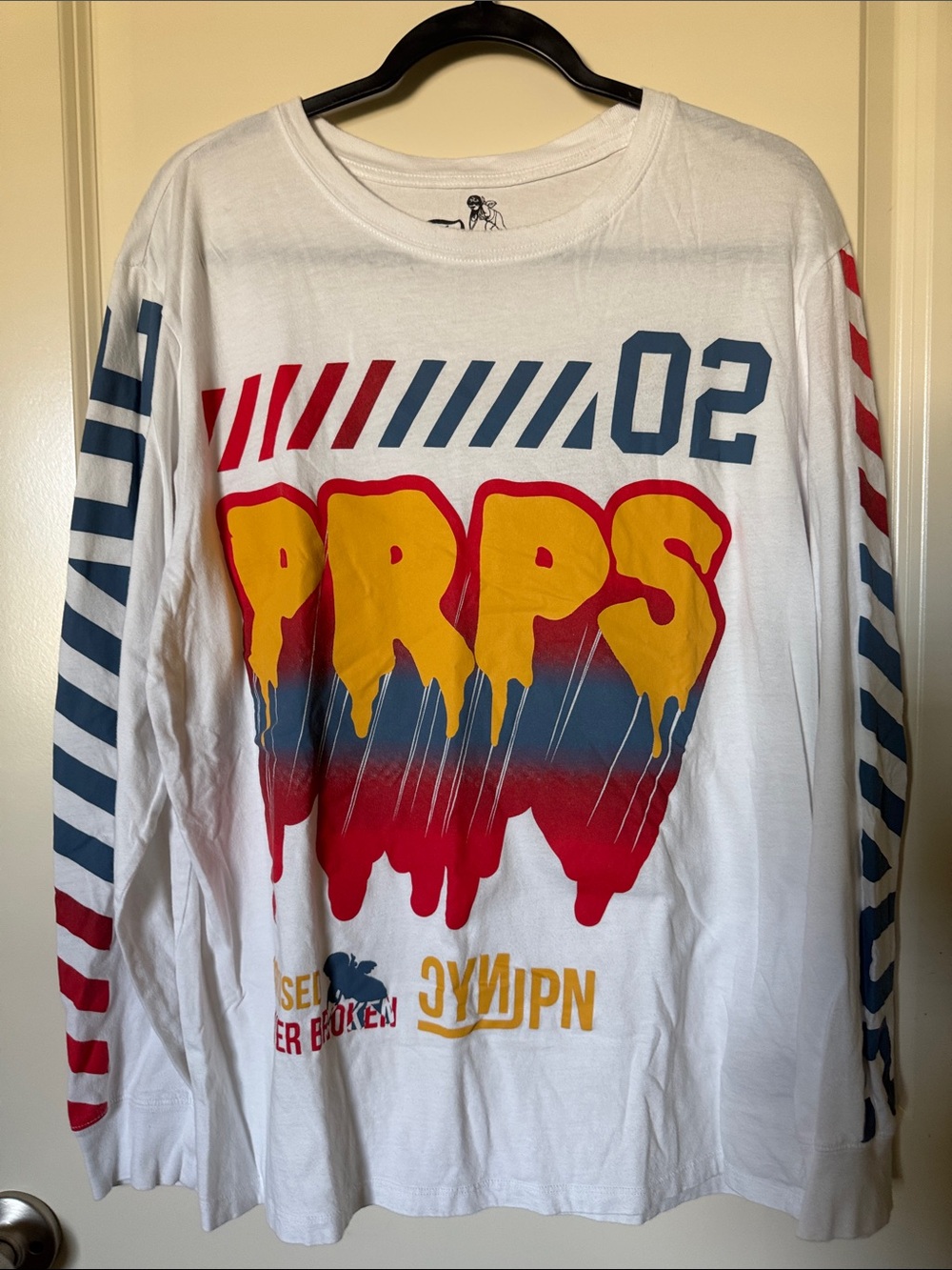 PRPS White Tee with Yellow Drip Logo and Red & Blue Accents